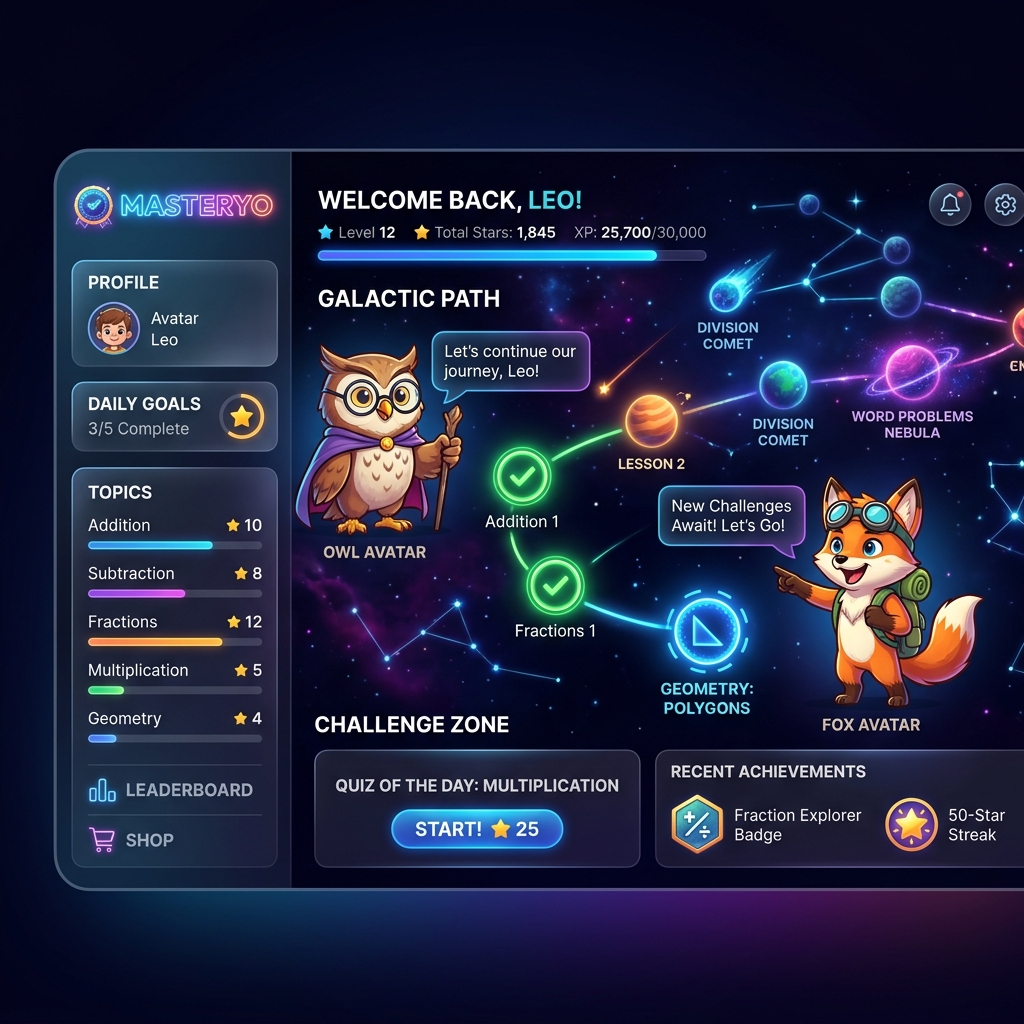 High-fidelity Masteryo Dashboard showing interactive space learning map and avatars